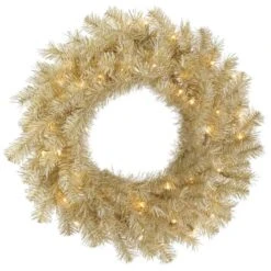 30 Inch White-Gold Tinsel Wreath: Clear LEDs