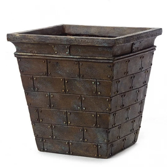 12.5 Inch Square Weathered Bronze Fiberglass Riveted Planter: 10 Inch Inside Dia. 1 12.5 Inch Square Weathered Bronze Fiberglass Riveted Planter: 10 Inch Inside Dia.