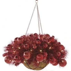14x27 Inch Red Tinsel Basket With Ornaments: Clear 5MM LEDs