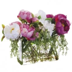 14 Inch Peony And Berry Arrangement In Rectangular Glass Vase