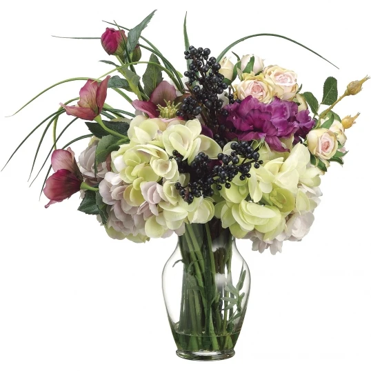 16 Inch Helleborus, Anemone, Rose, And Hydrangea In Glass Vase 1 16 Inch Helleborus, Anemone, Rose, And Hydrangea In Glass Vase