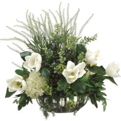28 Inch Magnolia, Hydrangea, And Meadow Flower In Brass Container
