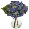 13 Inch Indoor Silk Blue Blooming Hydrangea Arrangement In Glass Vase