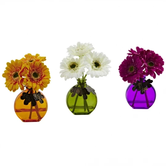 9 Inch Silk Indoor Gerber Daisy In Colored Decorative Vase (Set Of 3) 1 9 Inch Silk Indoor Gerber Daisy In Colored Decorative Vase (Set Of 3)