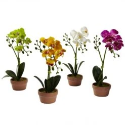 13 Inch Silk Indoor Phalaenopsis Orchid In Decorative Clay Vase (Set Of 4)