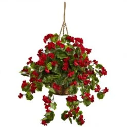 28 Inch Red Outdoor Geranium In Hanging Basket: Limited UV