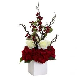 23.5 Inch Holly Berry/Rose/Hydrangea Holiday Arrangement In White Vase