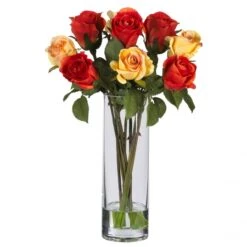 Silk Roses In Glass Vase