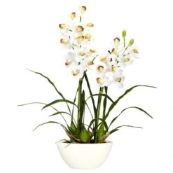Silk Cymbidium Orchids With White Vase
