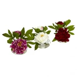 Small Peony In Glass Vase (Set Of 3)