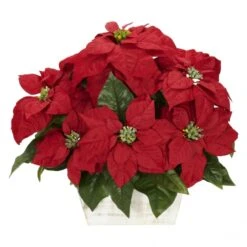 Silk Poinsettias In White Wash Planter