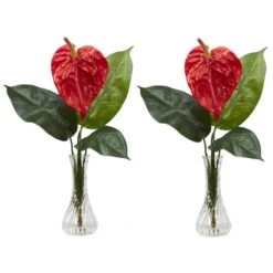 Silk Anthurium With Bud In Vase (Set Of 2)