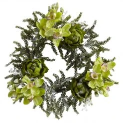 22 Inch Artificial Iced Cymbidium & Artichoke Wreath