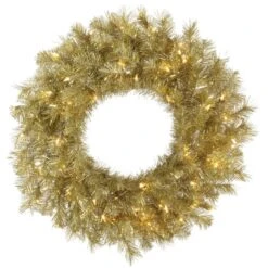 24 Inch Gold-Silver Tinsel Wreath: Clear LEDs