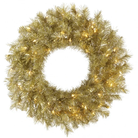 24 Inch Gold-Silver Tinsel Wreath: Clear LEDs 1 24 Inch Gold-Silver Tinsel Wreath: Clear LEDs