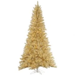9 Foot White-Gold Tinsel Tree: Clear LEDs