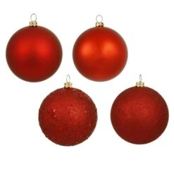 8 Inch Red 4-Finish Ball Ornament: Set Of 4