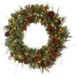 30 Inch PE/PVC Cibola Mixed Berry Christmas Wreath: Clear LEDs