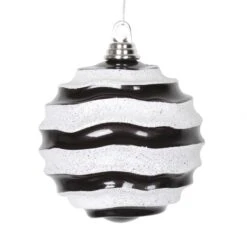 6 Inch Christmas Candy Glitter Wave Ball Ornament: Black-White