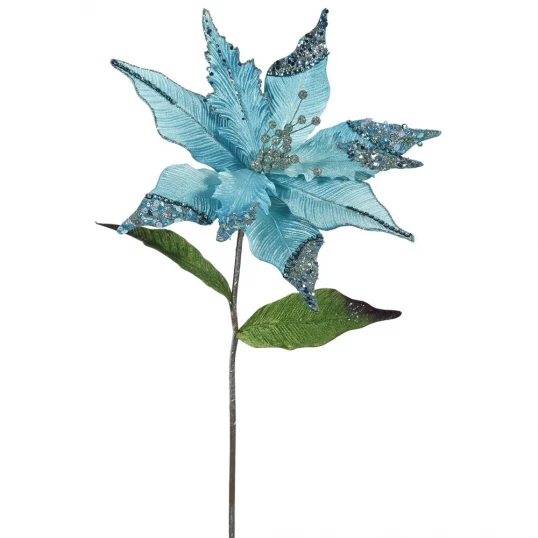 26 Inch Sea Blue Velvet Poinsettia Pick: Set Of 3 1 26 Inch Sea Blue Velvet Poinsettia Pick: Set Of 3