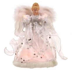 12 Inch White & Silver Angel Christmas Tree Topper: Clear Lights