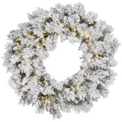 36 Inch Flocked Snow Ridge Wreath: Clear LEDs