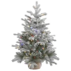 3 Foot PE/PVC Frosted Sable Pine In Burlap Base: Multi-Colored LEDs