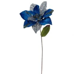 31 Inch Blue Glitter Magnolia Flower Pick With 13 Inch Flower