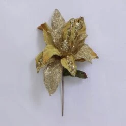 31 Inch Gold Glitter Magnolia Flower Pick With 13 Inch Flower